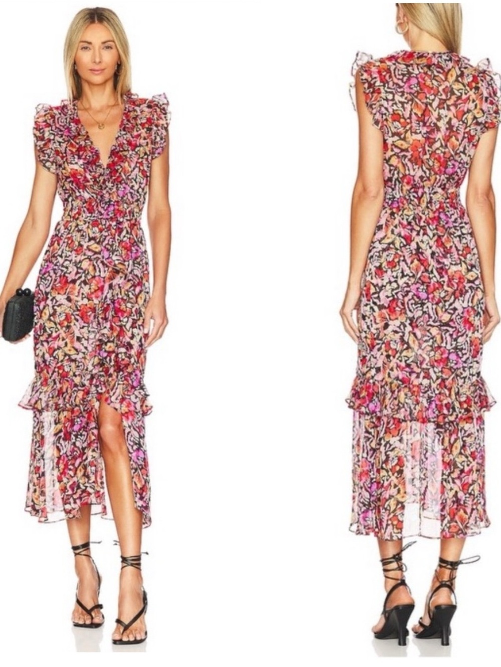 Misa Los Angeles Kidada Midi Dress in Fire Flora Size M Wedding Guest Ruffles